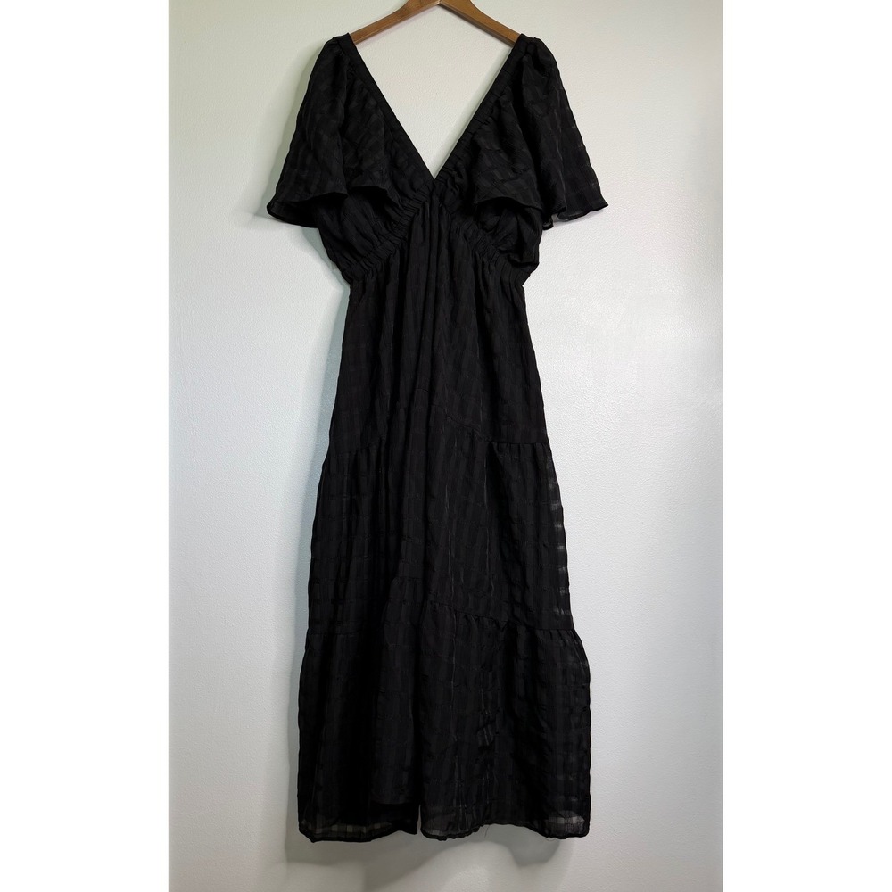 Arula Black Textured Maxi Dress 2X Flutter Sleeve V Neck Tiered Boho